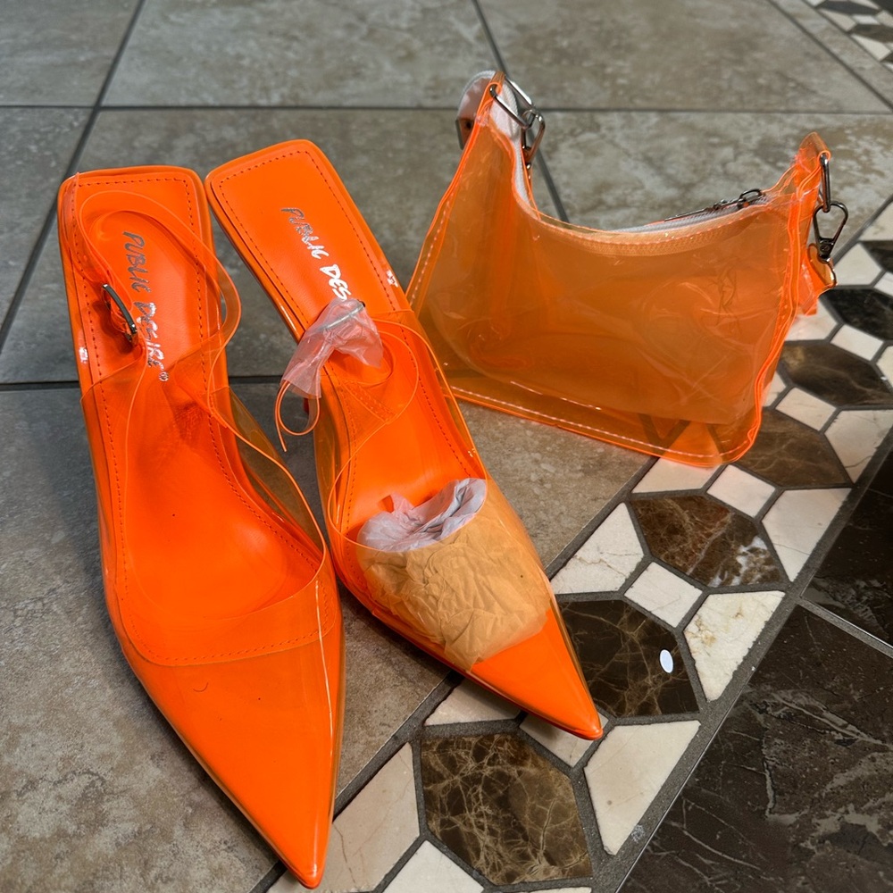 Public Desire Neon Orange Pointed Toe Heels with Bag